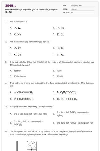 Đề thi Hóa học cực hay có lời giải chi tiết cơ bản, nâng cao (Đề 12)