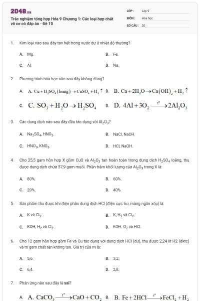 Trắc nghiệm tổng hợp Hóa 9 Chương 1: Các loại hợp chất vô cơ có đáp án - Đề 10