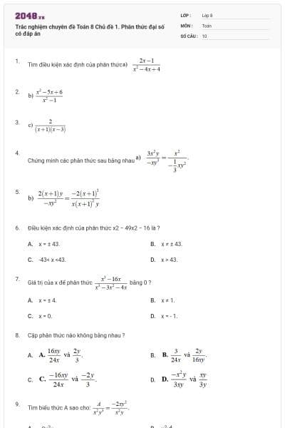 Trắc nghiệm chuyên đề Toán 8 Chủ đề 1. Phân thức đại số có đáp án