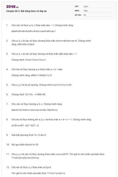 Chuyên đề 2: Bất đẳng thức có đáp án