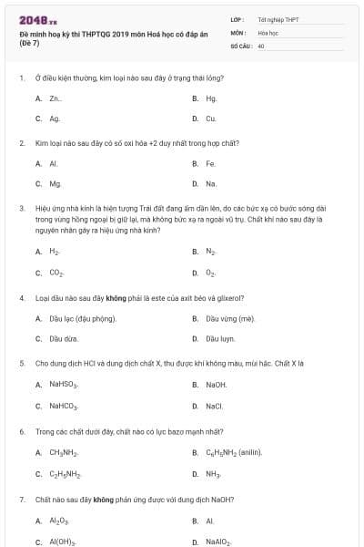 Đề minh hoạ kỳ thi THPTQG 2019 môn Hoá học có đáp án (Đề 7)