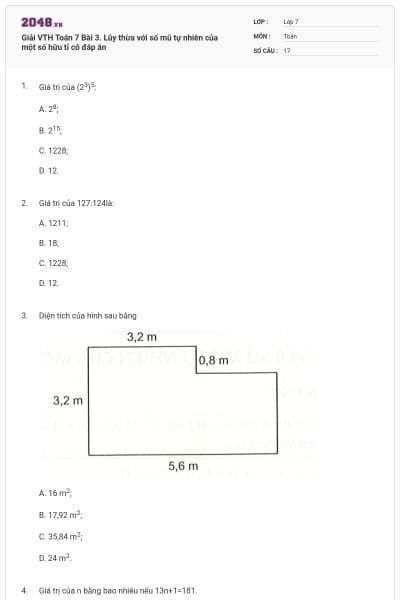 Giải VTH Toán 7 Bài 3. Lũy thừa với số mũ tự nhiên của một số hữu tỉ có đáp án