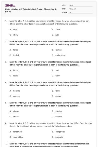 Đề thi giữa học kì 1 Tiếng Anh lớp 8 Friends Plus có đáp án (Đề 4)
