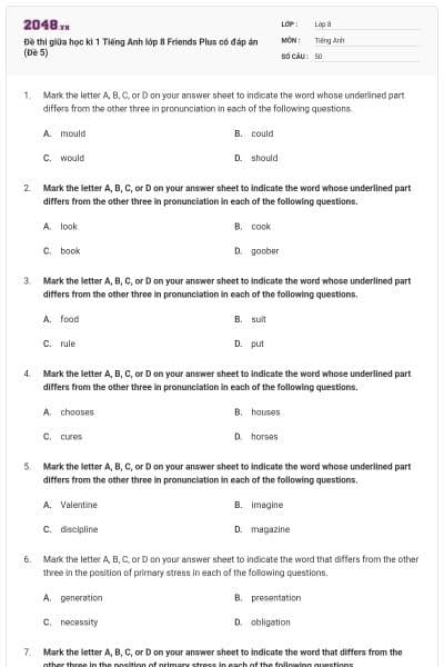Đề thi giữa học kì 1 Tiếng Anh lớp 8 Friends Plus có đáp án (Đề 5)