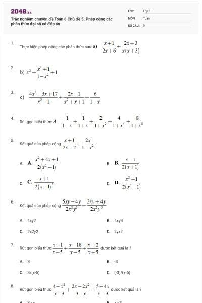 Trắc nghiệm chuyên đề Toán 8 Chủ đề 5. Phép cộng các phân thức đại số có đáp án