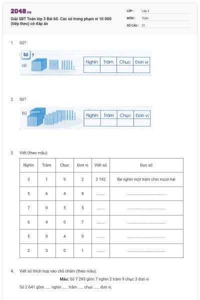 Giải SBT Toán lớp 3 Bài 60. Các số trong phạm vi 10 000 (tiếp theo) có đáp án
