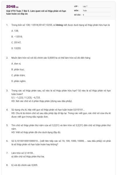 Giải VTH Toán 7 Bài 5. Làm quen với số thập phân vô hạn tuần hoàn có đáp án