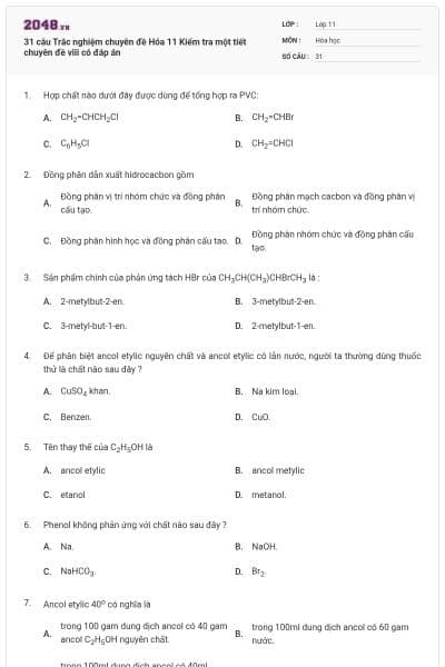 31 câu Trắc nghiệm chuyên đề Hóa 11 Kiểm tra một tiết chuyên đề viii có đáp án