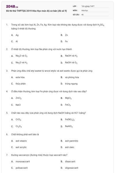 Đề thi thử THPTQG 2019 Hóa Học mức độ cơ bản (đề số 9)