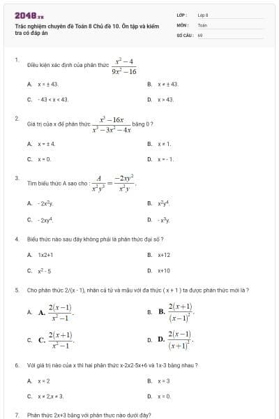 Trắc nghiệm chuyên đề Toán 8 Chủ đề 10. Ôn tập và kiểm tra có đáp án