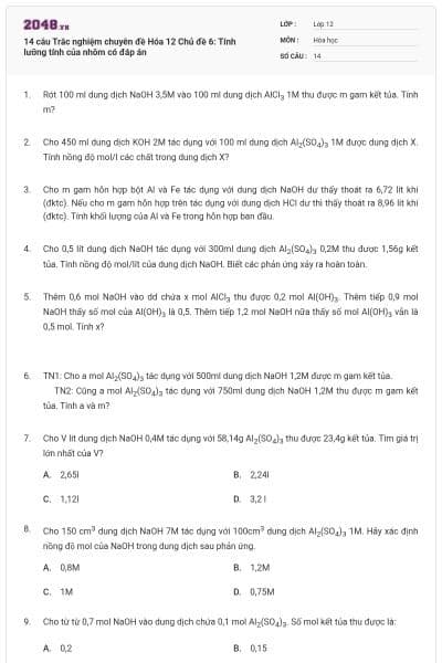 14 câu Trắc nghiệm chuyên đề Hóa 12 Chủ đề 6: Tính lưỡng tính của nhôm có đáp án