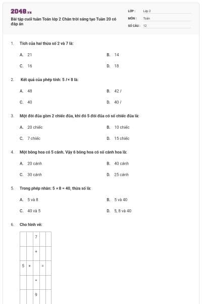 Bài tập cuối tuần Toán lớp 2 Chân trời sáng tạo Tuần 20 có đáp án