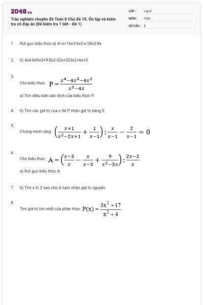 Trắc nghiệm chuyên đề Toán 8 Chủ đề 10. Ôn tập và kiểm tra có đáp án (Đề kiểm tra 1 tiết - Đề 1)