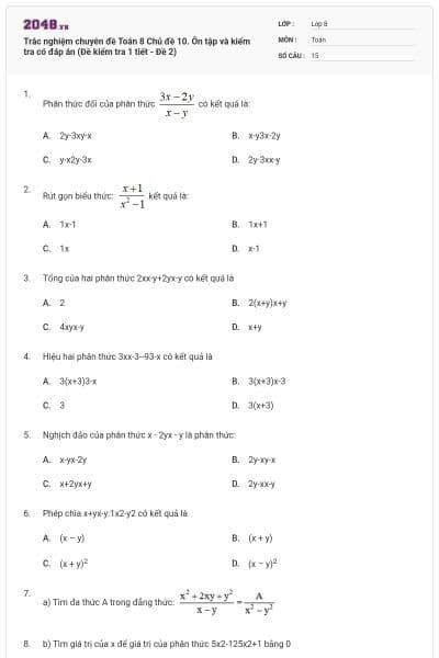 Trắc nghiệm chuyên đề Toán 8 Chủ đề 10. Ôn tập và kiểm tra có đáp án (Đề kiểm tra 1 tiết - Đề 2)