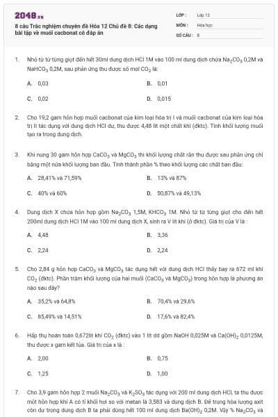8 câu Trắc nghiệm chuyên đề Hóa 12 Chủ đề 8: Các dạng bài tập về muối cacbonat có đáp án