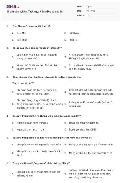 10 câu trắc nghiệm Tuổi Ngựa Cánh diều có đáp án