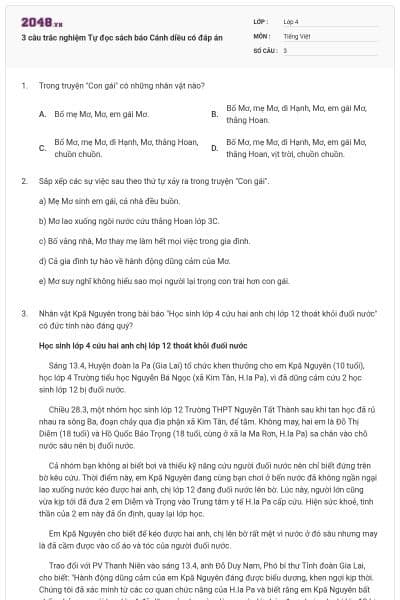 3 câu trắc nghiệm Tự đọc sách báo Cánh diều có đáp án