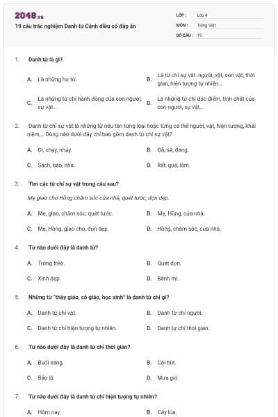 19 câu trắc nghiệm Danh từ Cánh diều có đáp án
