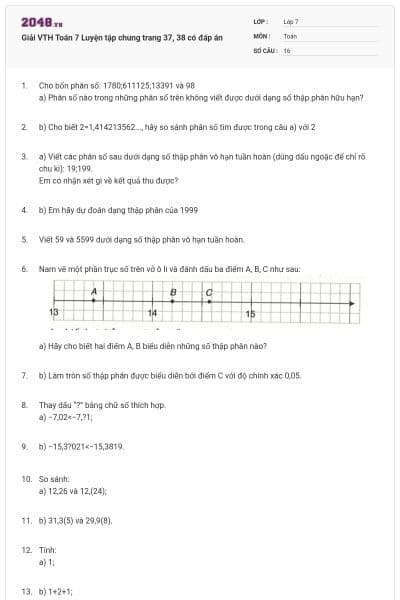 Giải VTH Toán 7 Luyện tập chung trang 37, 38 có đáp án