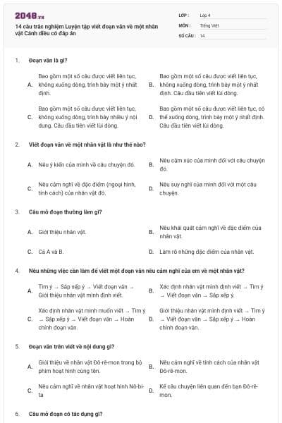 14 câu trắc nghiệm Luyện tập viết đoạn văn về một nhân vật Cánh diều có đáp án