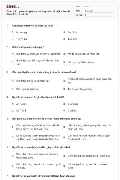 7 câu trắc nghiệm Luyện tập viết đoạn văn về một nhân vật Cánh diều có đáp án