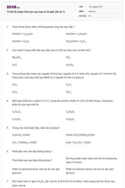 15 đề Ôn luyện Hóa học cực hay có lời giải (đề số 1)