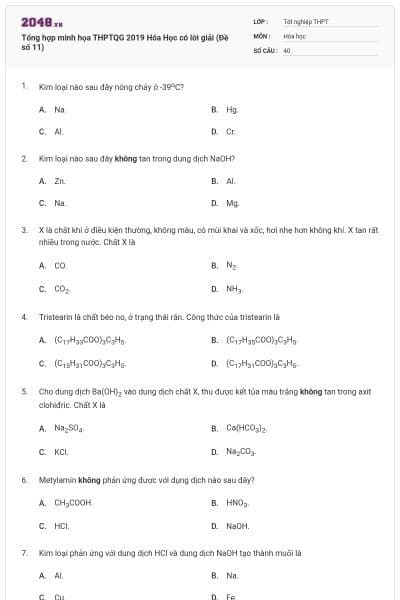 Tổng hợp minh họa THPTQG 2019 Hóa Học có lời giải (Đề số 11)