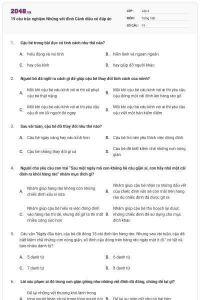 19 câu trắc nghiệm Những vết đinh Cánh diều có đáp án