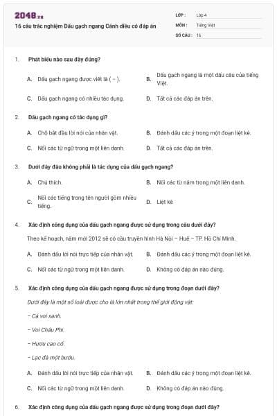 16 câu trắc nghiệm Dấu gạch ngang Cánh diều có đáp án