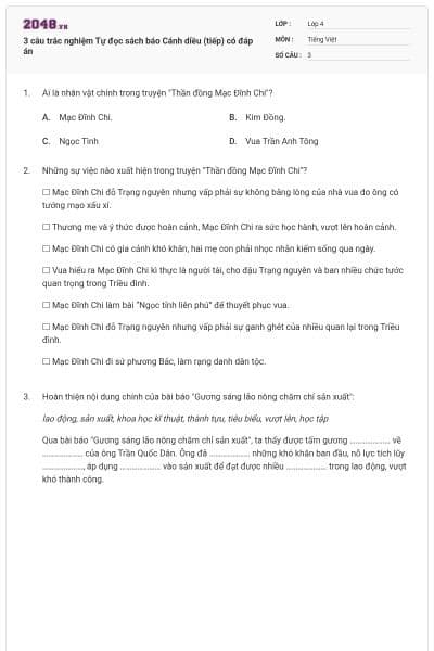 3 câu trắc nghiệm Tự đọc sách báo Cánh diều (tiếp) có đáp án