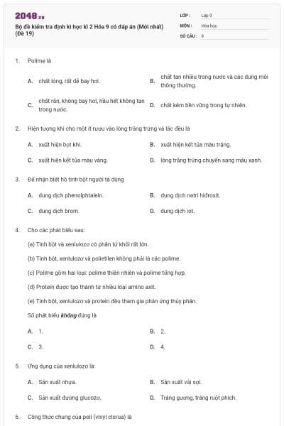 Bộ đề kiểm tra định kì học kì 2 Hóa 9 có đáp án (Mới nhất) (Đề 19)