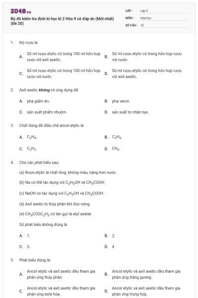 Bộ đề kiểm tra định kì học kì 2 Hóa 9 có đáp án (Mới nhất) (Đề 20)