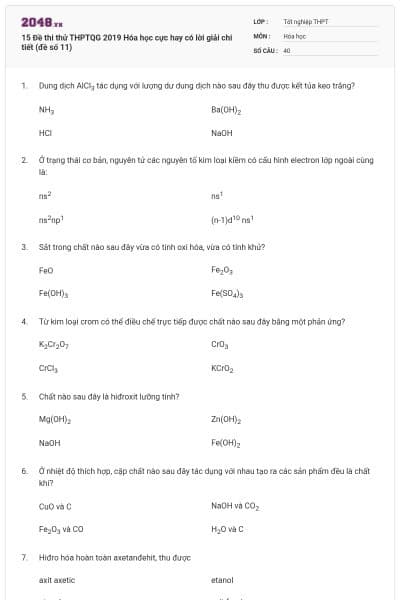 15 Đề thi thử THPTQG 2019 Hóa học cực hay có lời giải chi tiết (đề số 11)