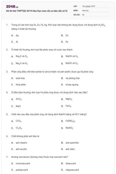 Đề thi thử THPTQG 2019 Hóa Học mức độ cơ bản (đề số 9)