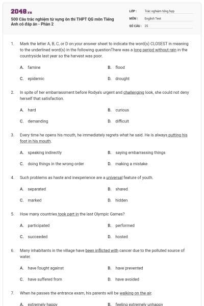 500 Câu trắc nghiệm từ vựng ôn thi THPT QG môn Tiếng Anh có đáp án - Phần 2
