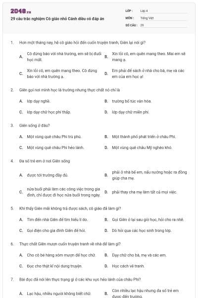 29 câu trắc nghiệm Cô giáo nhỏ Cánh diều có đáp án