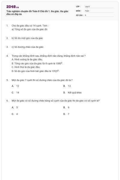 Trắc nghiệm chuyên đề Toán 8 Chủ đề 1. Đa giác. Đa giác đều có đáp án