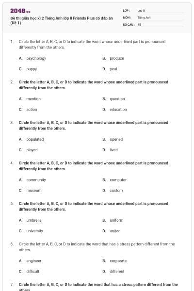 Đề thi giữa học kì 2 Tiếng Anh lớp 8 Friends Plus có đáp án (Đề 1)