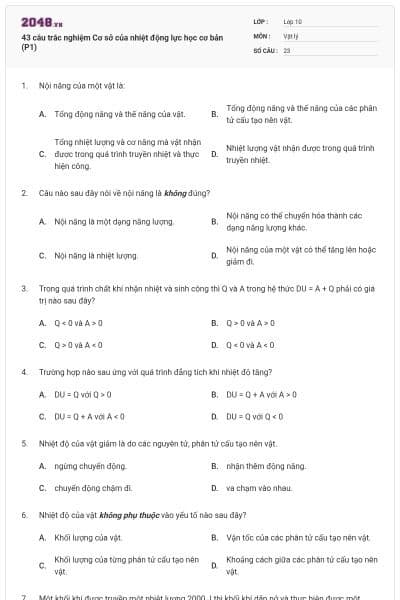 43 câu trắc nghiệm Cơ sở của nhiệt động lực học cơ bản (P1)