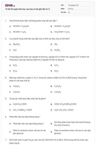 15 đề Ôn luyện Hóa học cực hay có lời giải (đề số 1)