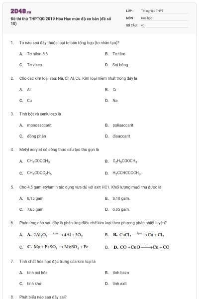 Đề thi thử THPTQG 2019 Hóa Học mức độ cơ bản (đề số 10)