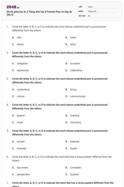 Đề thi giữa học kì 2 Tiếng Anh lớp 8 Friends Plus có đáp án (Đề 4)