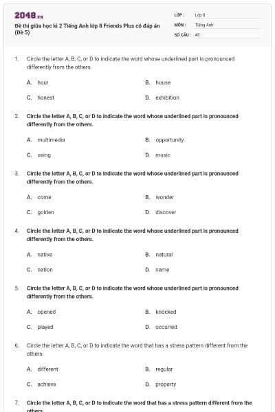 Đề thi giữa học kì 2 Tiếng Anh lớp 8 Friends Plus có đáp án (Đề 5)