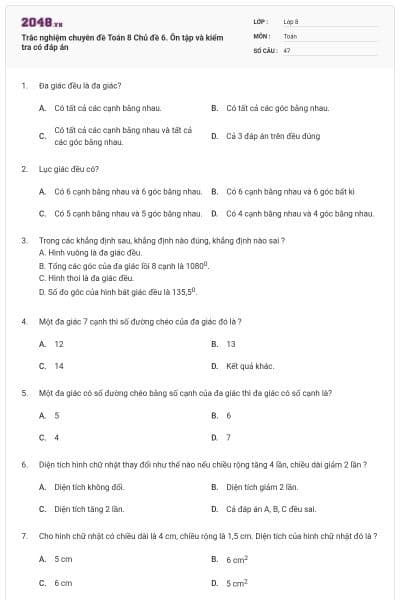 Trắc nghiệm chuyên đề Toán 8 Chủ đề 6. Ôn tập và kiểm tra có đáp án