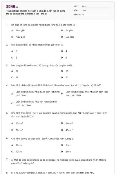 Trắc nghiệm chuyên đề Toán 8 Chủ đề 6. Ôn tập và kiểm tra có đáp án (Đề kiểm tra 1 tiết - Đề 2)