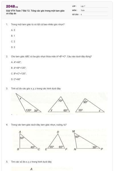 Giải VTH Toán 7 Bài 12. Tổng các góc trong một tam giác có đáp án