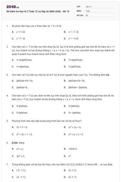 Đề kiểm tra Học kì 2 Toán 12 có đáp án (Mới nhất) - Đề 13