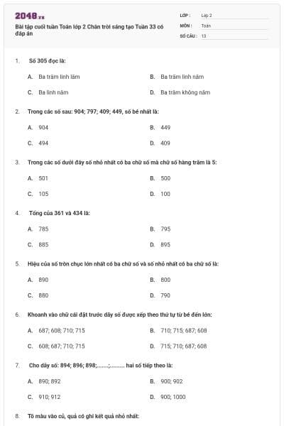 Bài tập cuối tuần Toán lớp 2 Chân trời sáng tạo Tuần 33 có đáp án