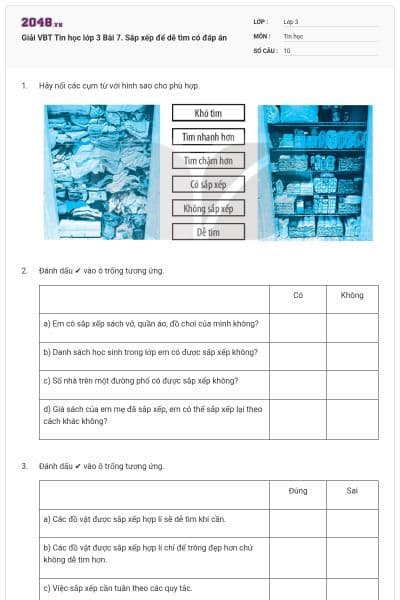 Giải VBT Tin học lớp 3  Bài 7. Sắp xếp để dễ tìm có đáp án