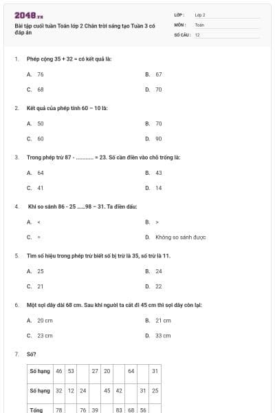 Bài tập cuối tuần Toán lớp 2 Chân trời sáng tạo Tuần 3 có đáp án